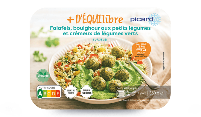 Falafels, boulghour aux petits légumes et crémeux de légumes verts