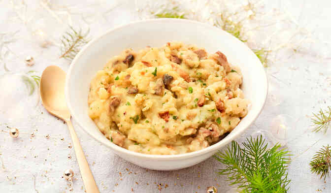 Ecrasé de pomme de terre, champignons forestiers, noisettes