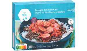 Rougail saucisse, riz blanc et lentilles cuisinées