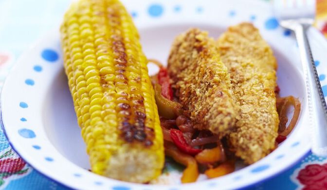 Croustillants de poulet au citron, maïs et poivre.