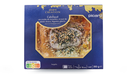 Cabillaud en cro&ucirc;te de noisettes, &eacute;cras&eacute; de patate douce, l&eacute;gumes