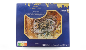 Cabillaud en croûte de noisettes, écrasé de patate douce, légumes