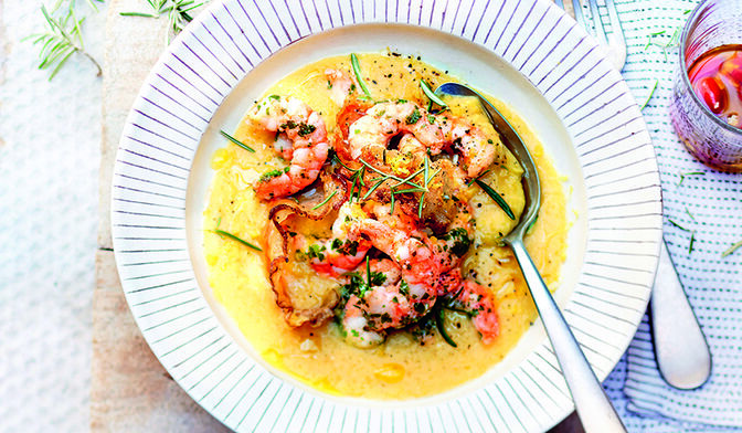 Crème de pois chiches, crevettes à l’huile d’olive par Alba Pezone