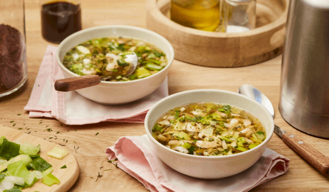 Bouillon express de crevettes et poireaux à la thaï par Thierry Marx