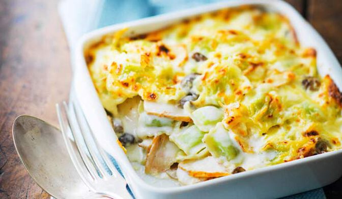 Gratin de ravioles au poulet et aux champignons