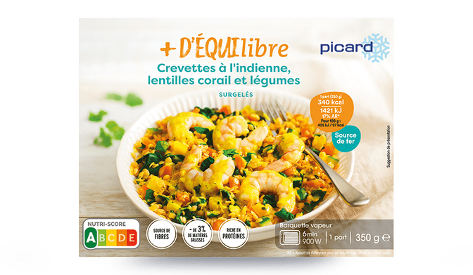 Crevettes à l'indienne, lentilles corail et légumes
