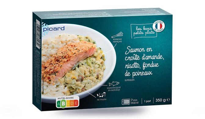 Saumon en croûte d'amande, risotto, fondue de poireaux et champignons