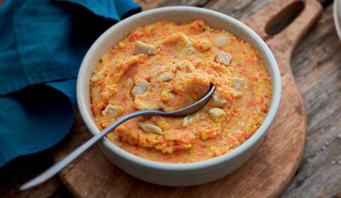 Purée de pomme de terre, duo de carottes et poulet