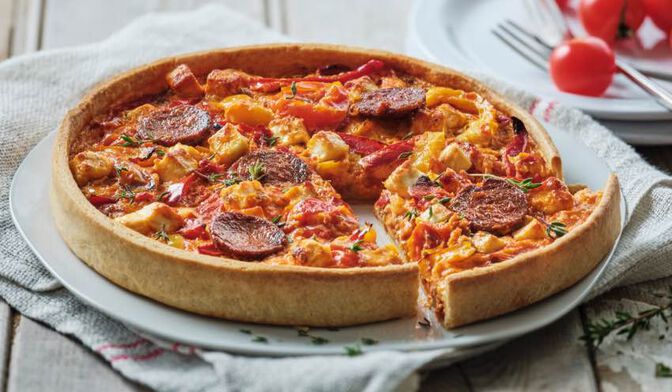 Tarte poivron, chorizo, feta