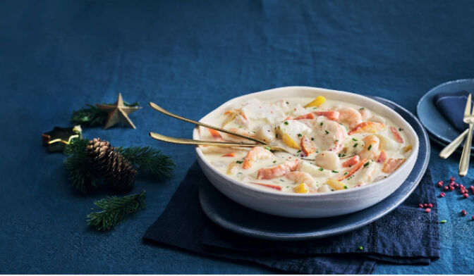 Langouste, cabillaud, crevettes et noix de Saint Jacques* sauce au Muscat de Baumes de Venise