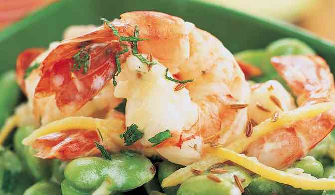 Salade de fèves et crevettes à la menthe