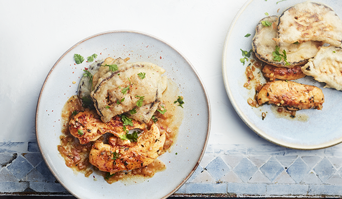 Aiguillettes de poulet, échalotes et aubergines en tempura par Thierry Marx