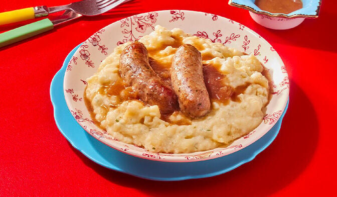 Banger and mash, écrasé PDT, saucisses — vue 3