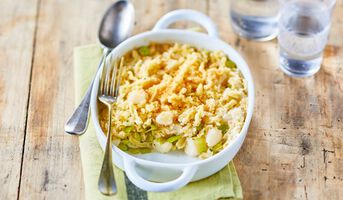 gratin de pates aux saint jacques et fondue de poireaux surgeles picard
