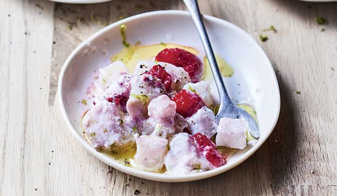 Tartare de cabillaud lait de coco-framboise