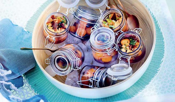 Verrines de melon au porto et chips de jambon