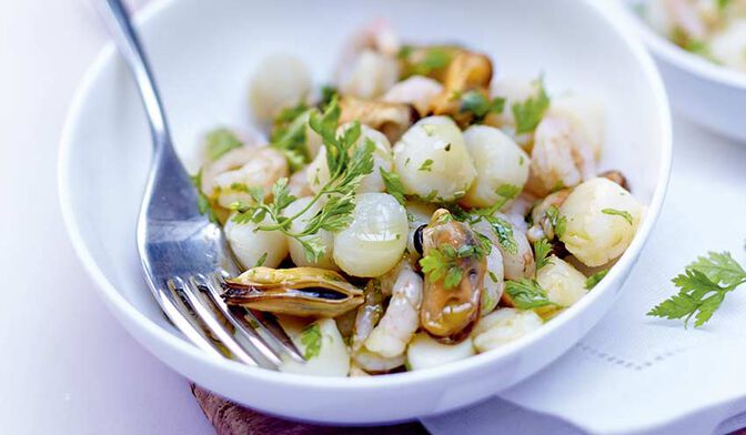 Mélange de moules, crevettes nordiques, Noix de Saint-Jacques MSC