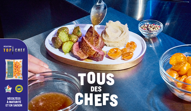 Magret de canard r&ocirc;ti, mirabelles po&ecirc;l&eacute;es aux &eacute;chalotes