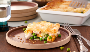 Gratin feuilleté de légumes, coco et Eglefin