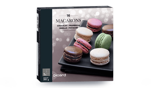 16 macarons chocolat, framboise, vanille, pistache