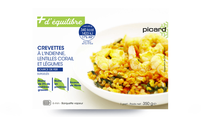 Crevettes à l'indienne, lentilles corail et légumes