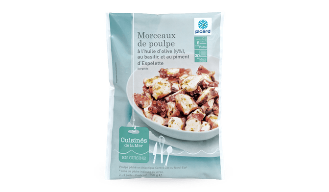 Morceaux de poulpe à l'huile d'olive (5%), au basilic et au piment d'Espelette