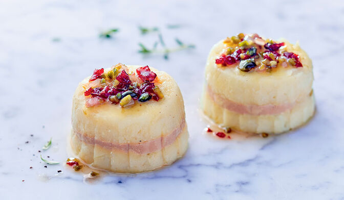 2 chaud-froid de pomme de terre au bloc de foie gras de canard