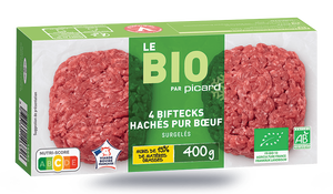 4 biftecks hachés bio, pur boeuf, 15% M.G maximum