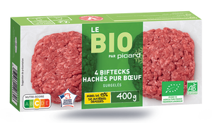 4 biftecks hachés bio, pur boeuf, 15% M.G maximum