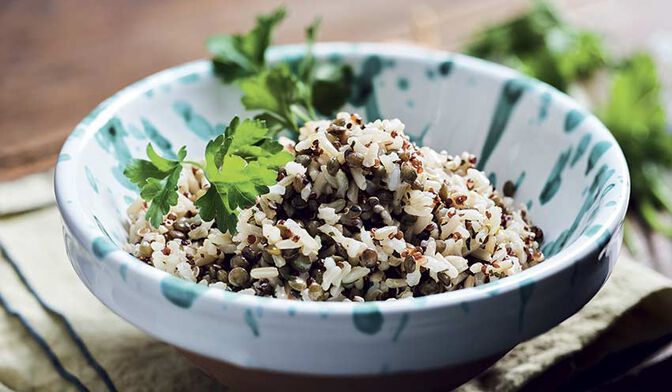 Riz complet, lentilles vertes, quinoa rouge