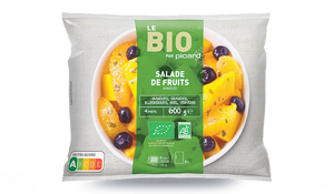 Salade de fruits bio, mangues, oranges, blueberries