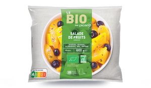 Salade de fruits bio, mangues, oranges, blueberries