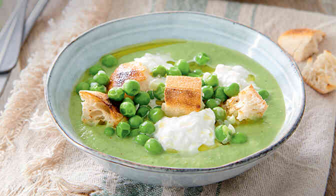 Crema de petits pois, burrata et croûtons