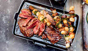 Rumsteck, brochette figue-oignons grelots au thym