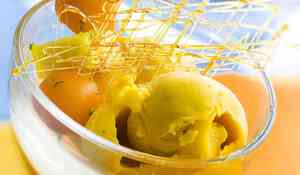 Sorbet minute à la mangue, brochette de fruits et tuile au caramel