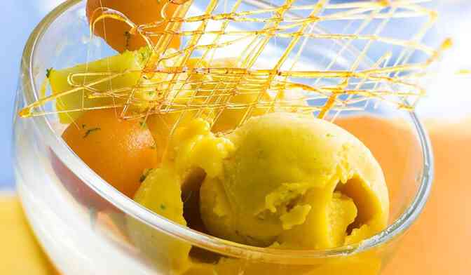 Sorbet minute à la mangue, brochette de fruits et tuile au caramel