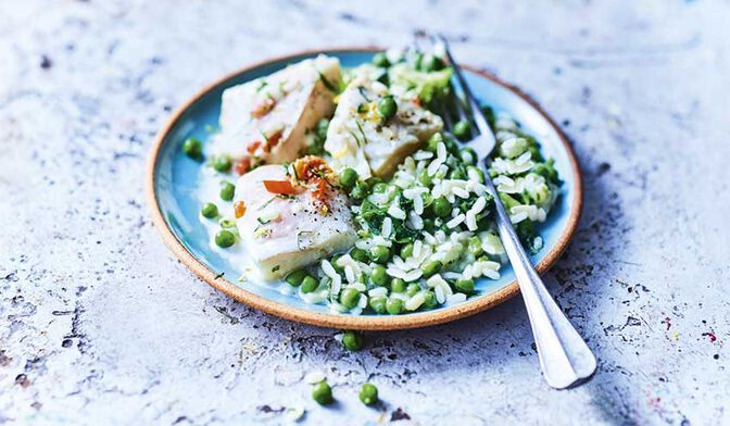Dos de colin d'Alaska au citron et au basilic, risotto verde