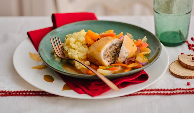 Fondant de volaille aux champignons, sauce à la bière de Noël, écrasé de
