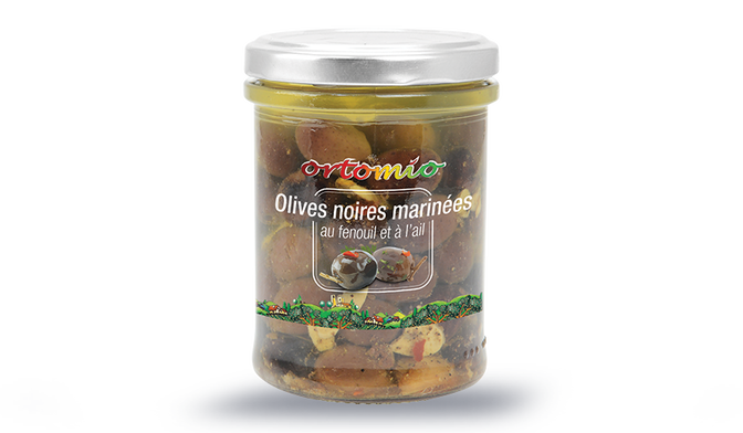 Olives noires entières marinées au fenouil et à l'ail