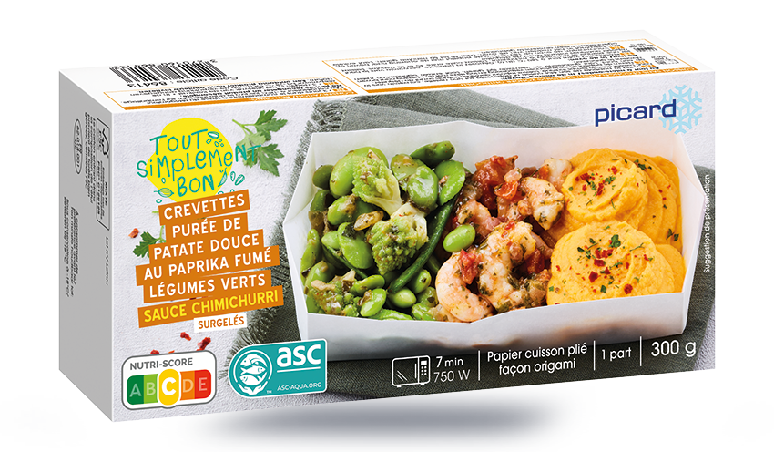 Crevettes purée de patate douce, légumes verts