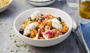 Taboulé aux courges, figues et fromage frais aux herbes