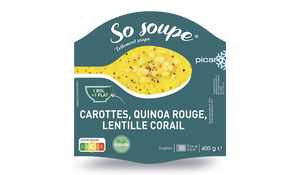 Potage duo de carottes, quinoa rouge, lentille corail
