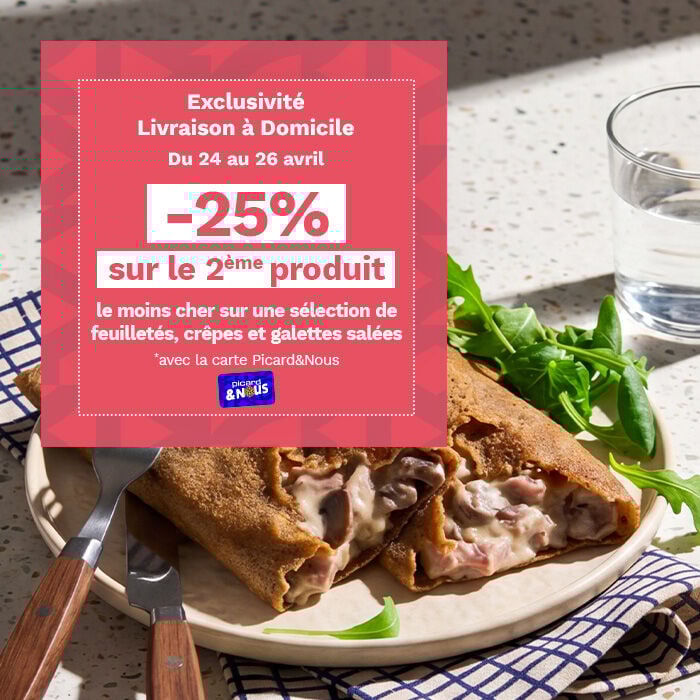 Exclusivit&eacute; livraison &agrave; domicile du 24 au 26 avril, -25% sur le 2&egrave;me produit le moins cher sur une s&eacute;lection de feuillet&eacute;s, cr&ecirc;pes et galettes sal&eacute;es avec la tarte picardetnous
