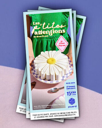 Prospectus Picard intitul&eacute; &laquo; Les petites attentions &raquo; montrant un dessert en forme de marguerite pos&eacute; sur une assiette, avec la mention &laquo; F&ecirc;te des M&egrave;res &raquo; et un prix affich&eacute;.