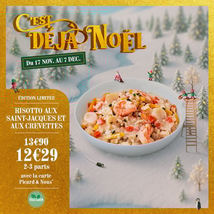 Sélection de produits festifs “C’est déjà Noël” en promotion, illustrée par un visuel de mini-choux dans un décor enneigé miniature.