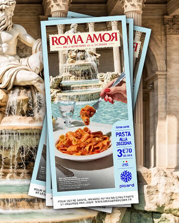 Affiche Picard &laquo; Roma Amor &raquo; pr&eacute;sentant des pasta alla &rsquo;nduja devant la fontaine de Trevi, au prix de 3,70 &euro;.