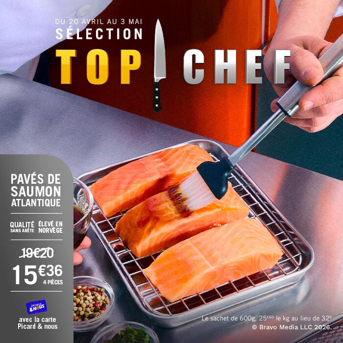 S&eacute;lection Top chef , du 20 avril au 3 mai. Pav&eacute;s de saumon atlantique, qualit&eacute; sans ar&ecirc;te et &eacute;lev&eacute; en Norv&egrave;ge, 15&euro;36 au lieu de 19&euro;20 les 4 pi&egrave;ces avec la carte picardetnous. Le sachet de 600g, 25&euro;60 le kg au lieu de 32&euro;.