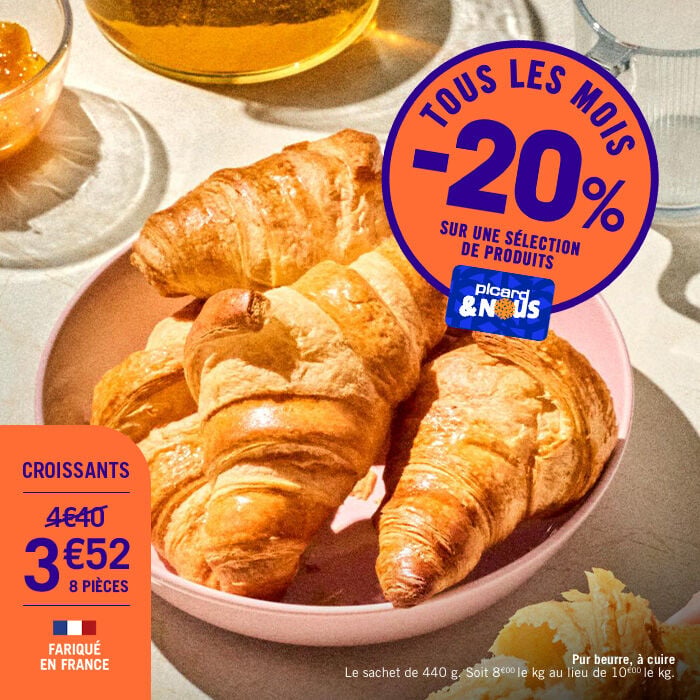 Tous les mois -20% sur une s&eacute;lection de produits avec la carte Picardetnous. Les croissants &agrave; 3&euro;52 les 8 pi&egrave;ces au lieu de 4&euro;40&euro;, frabiqu&eacute; en france. Pur beurre, &agrave; cuire. Le sachet de 440G, soit 8&euro; le kilo au lieu de 10&euro; le kilo 