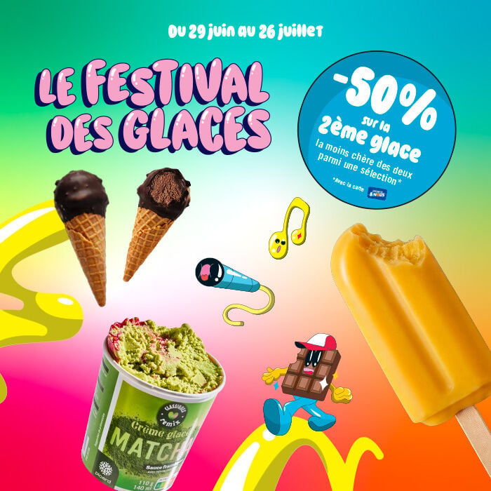 Le festival des glaces, du 20 juin au 26 juillet, 50% sur la 2&egrave;me glace la moins ch&egrave;re des deux parmi une s&eacute;lection, avec la carte picard et nous.