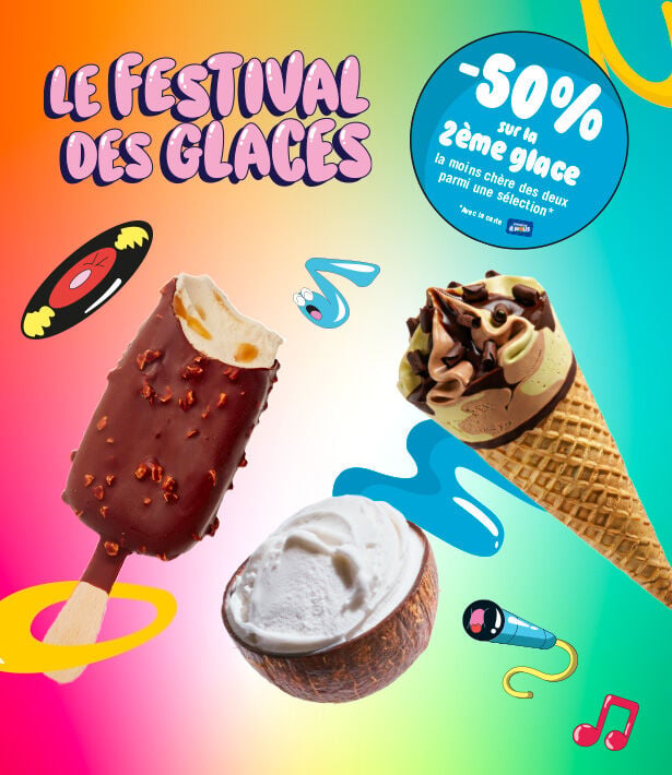 Affiche color&eacute;e &laquo; Le festival des glaces &raquo; pr&eacute;sentant plusieurs glaces : un cornet chocolat pistache, un batonnet et une noix de coco givr&eacute;e  avec une offre promotionnelle de -50 % sur la deuxi&egrave;me glace.